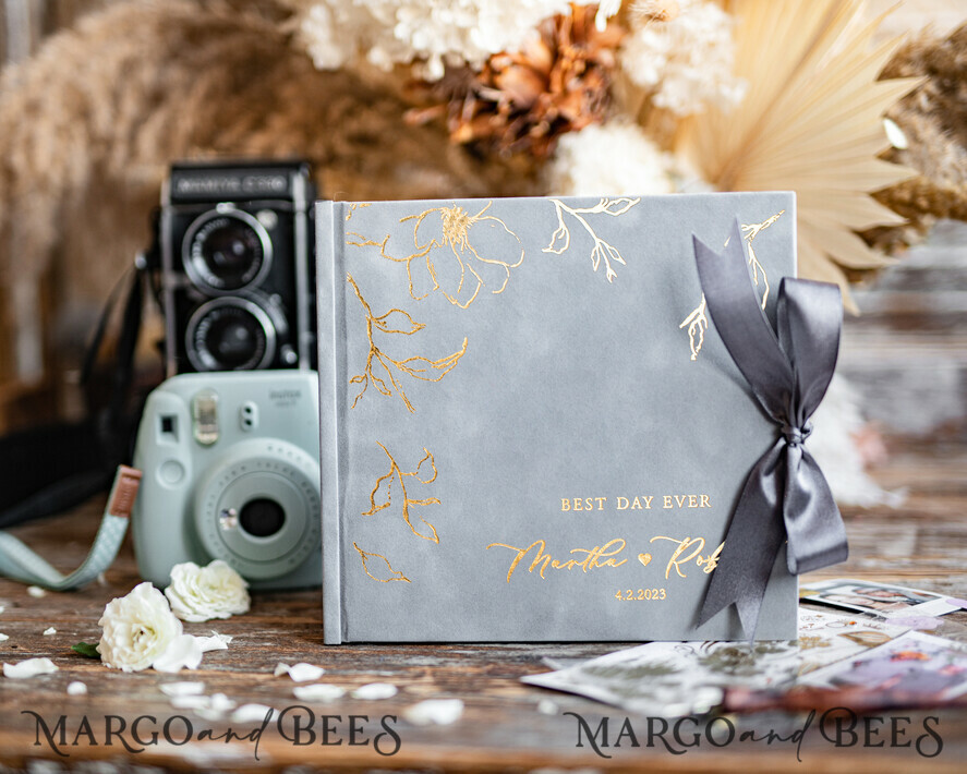 HOCHZEITS-GÄSTEBÜCHER Samtkissen Instax Gästebuch Personalisierte hellgraue Instax Samt Hochzeits-Gästebuch Gold, großes Sofort-Hochzeits-Gästebuch, Polaroid Samt Gästebuch Goldene Hochzeit
