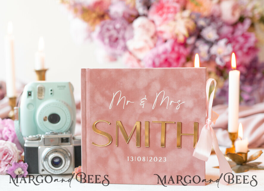 HOCHZEITS-GÄSTEBÜCHER Samtkissen Instax Gästebuch Luxuriöses Blush-Pink Instax Samt Hochzeits-Gästebuch Gold, großes Instant-Hochzeits-Gästebuch, Polaroid Samt-Gästebuch Pink Golden Hochzeit