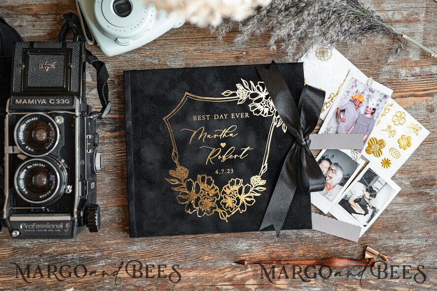 HOCHZEITS-GÄSTEBÜCHER Samtkissen Instax Gästebuch Schwarzes Boho Instax Samt Hochzeits-Gästebuch Gold, Schwarzes Instant Hochzeits-Gästebuch, Polaroid Samt Gästebuch Schwarz Golden Hochzeit