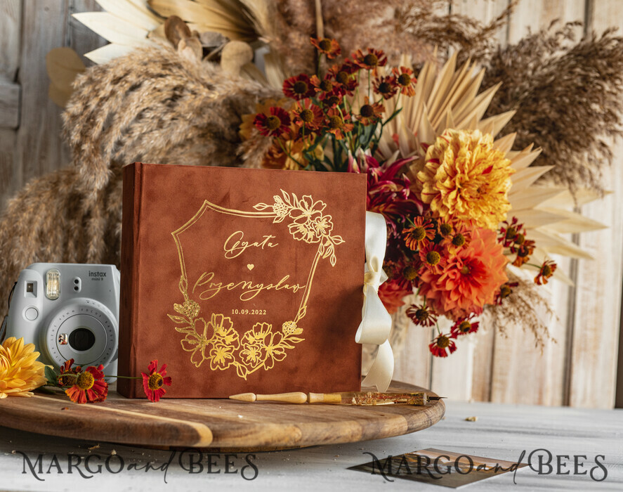 HOCHZEITS-GÄSTEBÜCHER Samtkissen Instax Gästebuch Terrakotta Gold personalisiertes Hochzeitsgästebuch, Samt Erinnerungsfotoalbum, Herbsthochzeit, Polaroid Samt Gästebuch