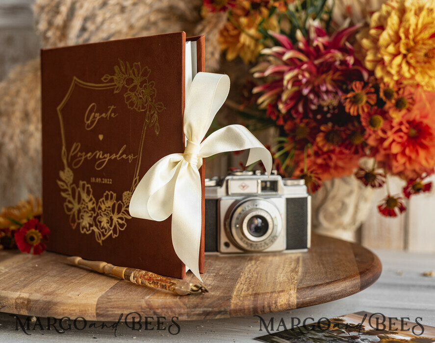 HOCHZEITS-GÄSTEBÜCHER Samtkissen Instax Gästebuch Terrakotta Gold personalisiertes Hochzeitsgästebuch, Samt Erinnerungsfotoalbum, Herbsthochzeit, Polaroid Samt Gästebuch
