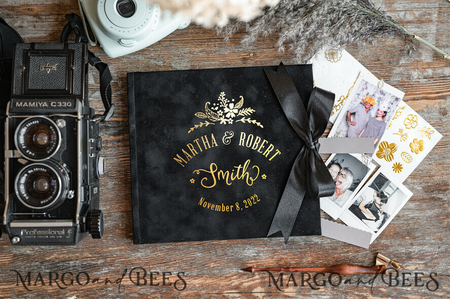HOCHZEITS-GÄSTEBÜCHER Samtkissen Instax Gästebuch Schwarzes Boho Instax Samt Hochzeits-Gästebuch Gold, Schwarzes Instant Hochzeits-Gästebuch, Polaroid Samt Gästebuch Schwarz Golden Hochzeit