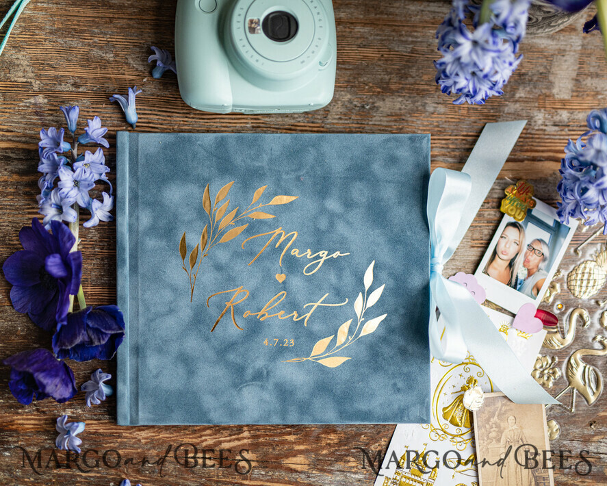 HOCHZEITS-GÄSTEBÜCHER Samtkissen Instax Gästebuch Staubblaues Boho Instax Samt Hochzeits-Gästebuch Gold, Eisblaues Sofort-Hochzeits-Gästebuch, Polaroid Samt-Gästebuch hellblau Golden Hochzeit