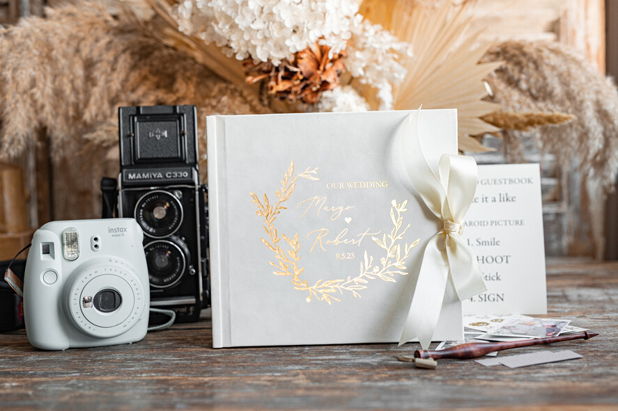 HOCHZEITS-GÄSTEBÜCHER Samtkissen Instax Gästebuch Minimalistisches Elfenbein Instax Samt Hochzeitsgäste Buch Gold, Großes Sofort Hochzeitsgäste Buch, Polaroid Samt Gästebuch Goldene Hochzeit