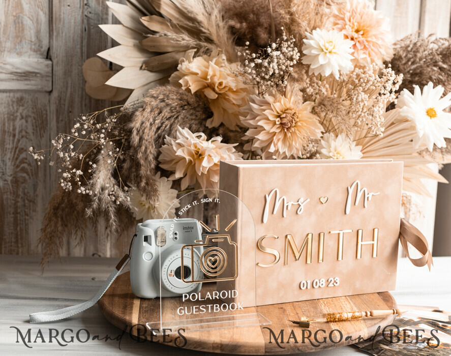 HOCHZEITS-GÄSTEBÜCHER Samtkissen Instax Gästebuch beige Gold Personalisierte Hochzeitsgästebuch und Bogen Acryl Instax Schild, Samt Erinnerungsfoto Buch und klares Schild Set Herbsthochzeit, Polaroid Samt Gästebuch & Plexi Instax Schild Set