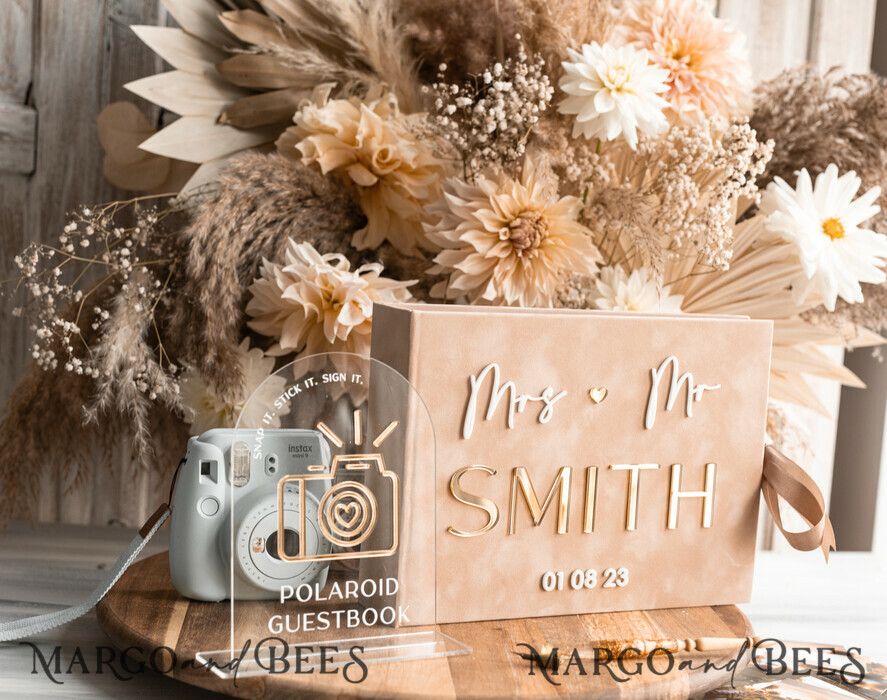 HOCHZEITS-GÄSTEBÜCHER Samtkissen Instax Gästebuch beige Gold Personalisierte Hochzeitsgästebuch und Bogen Acryl Instax Schild, Samt Erinnerungsfoto Buch und klares Schild Set Herbsthochzeit, Polaroid Samt Gästebuch & Plexi Instax Schild Set