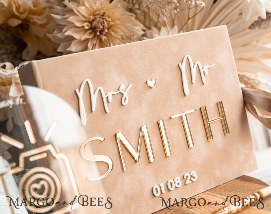 HOCHZEITS-GÄSTEBÜCHER Samtkissen Instax Gästebuch beige Gold Personalisierte Hochzeitsgästebuch und Bogen Acryl Instax Schild, Samt Erinnerungsfoto Buch und klares Schild Set Herbsthochzeit, Polaroid Samt Gästebuch & Plexi Instax Schild Set