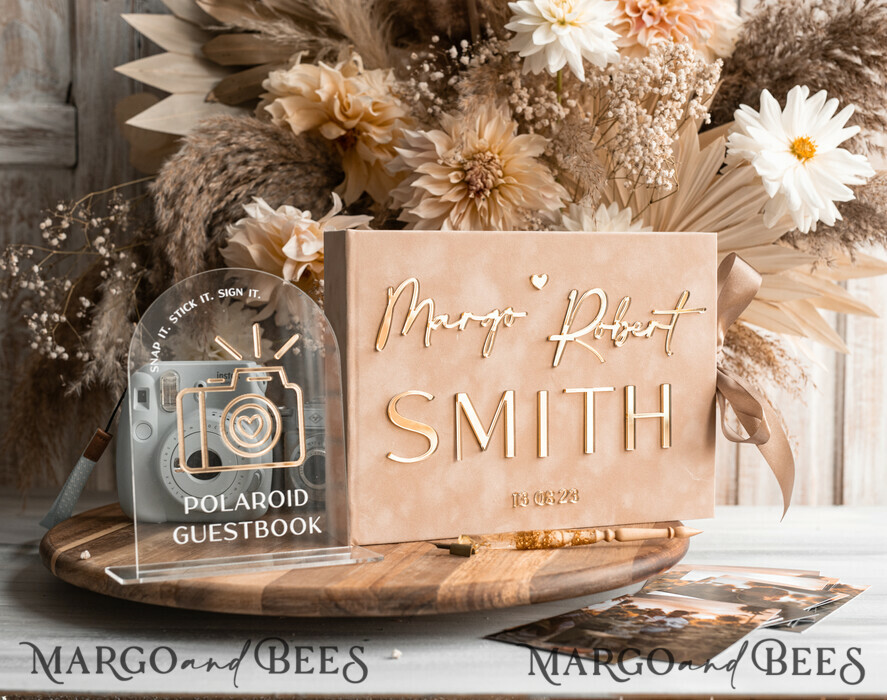 HOCHZEITS-GÄSTEBÜCHER Samtkissen Instax Gästebuch beige Gold Personalisierte Hochzeitsgästebuch und Bogen Acryl Instax Schild, Samt Erinnerungsfoto Buch und klares Schild Set Herbsthochzeit, Polaroid Samt Gästebuch & Plexi Instax Schild Set