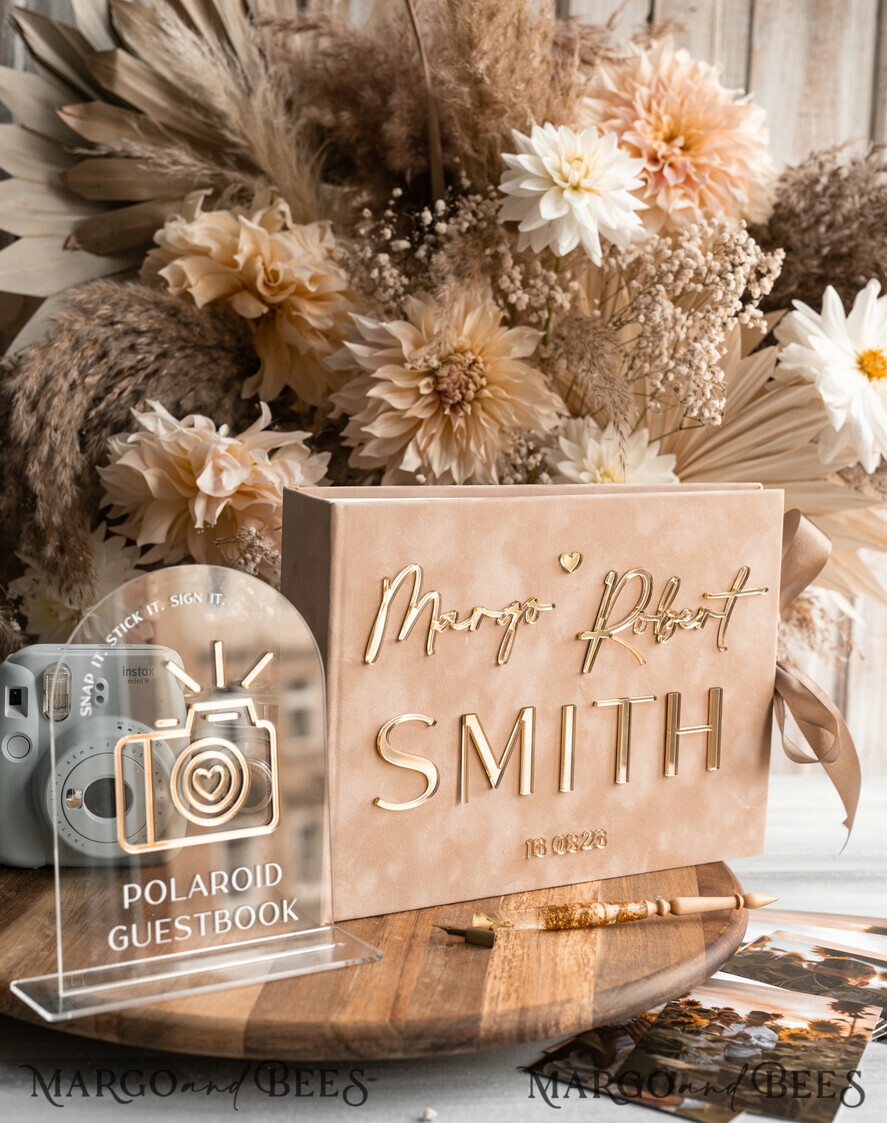 HOCHZEITS-GÄSTEBÜCHER Samtkissen Instax Gästebuch beige Gold Personalisierte Hochzeitsgästebuch und Bogen Acryl Instax Schild, Samt Erinnerungsfoto Buch und klares Schild Set Herbsthochzeit, Polaroid Samt Gästebuch & Plexi Instax Schild Set