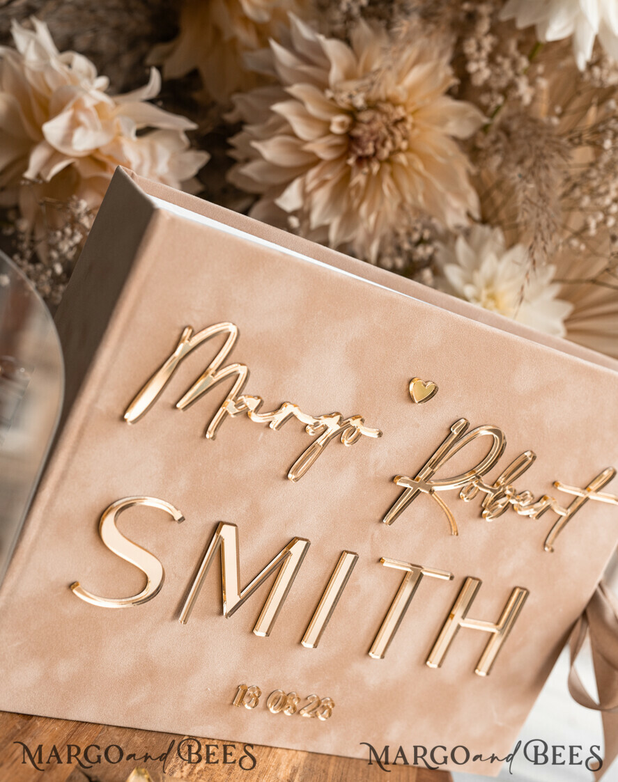 HOCHZEITS-GÄSTEBÜCHER Samtkissen Instax Gästebuch beige Gold Personalisierte Hochzeitsgästebuch und Bogen Acryl Instax Schild, Samt Erinnerungsfoto Buch und klares Schild Set Herbsthochzeit, Polaroid Samt Gästebuch & Plexi Instax Schild Set