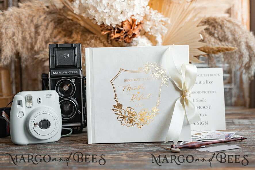 HOCHZEITS-GÄSTEBÜCHER Samtkissen Instax Gästebuch Personalisierte Elfenbein Instax Samt Hochzeitsgästebuch Gold, Großes Instant Hochzeitsgästebuch, Polaroid Samt Gästebuch Goldene Hochzeit