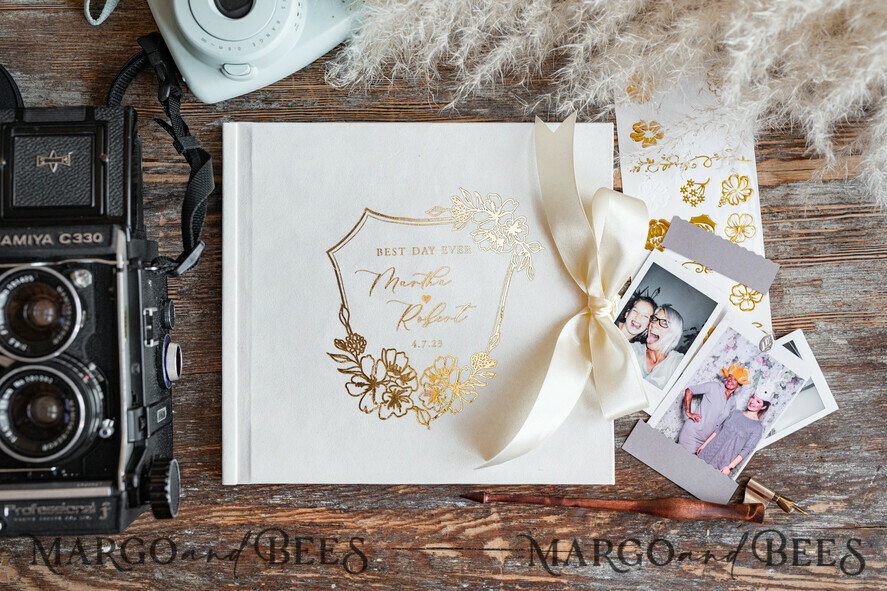 HOCHZEITS-GÄSTEBÜCHER Samtkissen Instax Gästebuch Personalisierte Elfenbein Instax Samt Hochzeitsgästebuch Gold, Großes Instant Hochzeitsgästebuch, Polaroid Samt Gästebuch Goldene Hochzeit