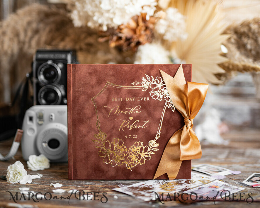 HOCHZEITS-GÄSTEBÜCHER Samtkissen Instax Gästebuch Terrakotta Boho Instax Samt Hochzeitsgäste Buch Gold, Gebranntes Orange Sofort Hochzeitsgäste Buch, Polaroid Samt Gästebuch Rost Golden Hochzeit