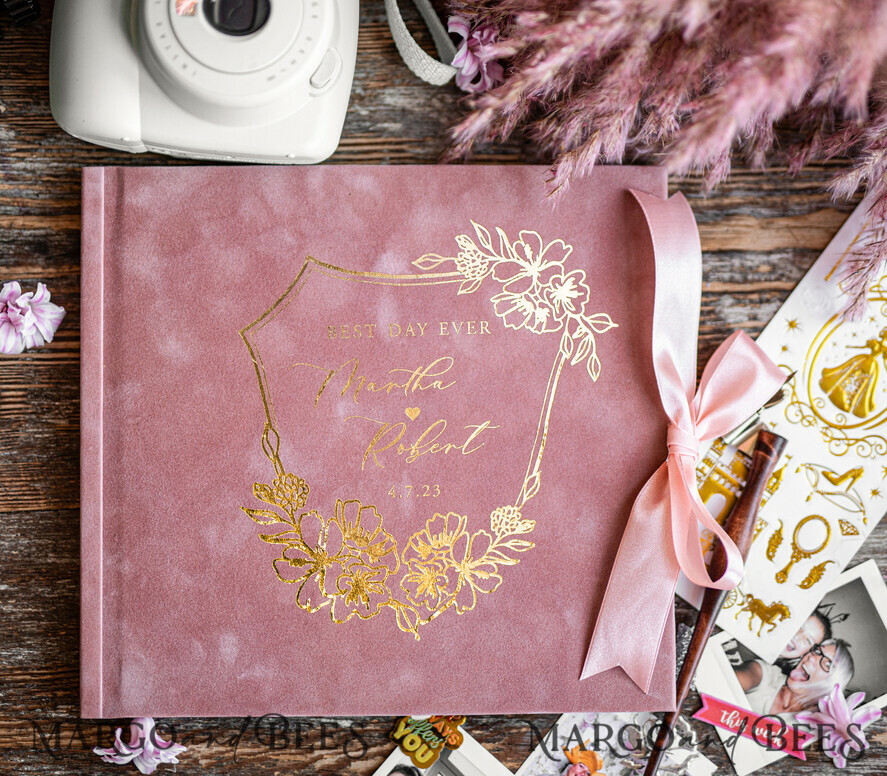 HOCHZEITS-GÄSTEBÜCHER Samtkissen Instax Gästebuch Luxuriöses Blush Pink Instax Samt Hochzeitsgäste Buch Gold, Großes Instant Hochzeitsgäste Buch, Polaroid Samt Gästebuch Pink Golden Hochzeit