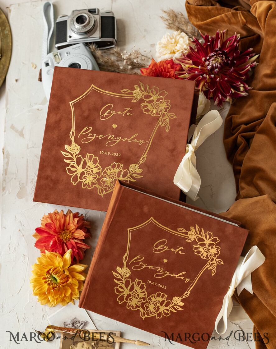 HOCHZEITS-GÄSTEBÜCHER Samtkissen Instax Gästebuch Terrakotta Gold Personalisierte Hochzeits-Gästebuch, Samt Erinnerungsfoto Herbsthochzeit, Luxuriöses Hochzeits-Gästebuch, Polaroid Samt Gästebuch