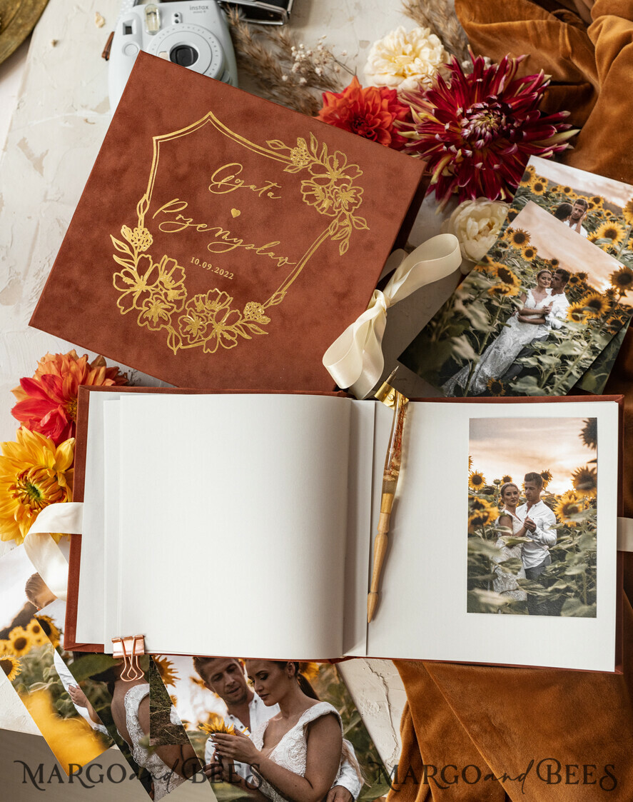 HOCHZEITS-GÄSTEBÜCHER Samtkissen Instax Gästebuch Terrakotta Gold Personalisierte Hochzeits-Gästebuch, Samt Erinnerungsfoto Herbsthochzeit, Luxuriöses Hochzeits-Gästebuch, Polaroid Samt Gästebuch