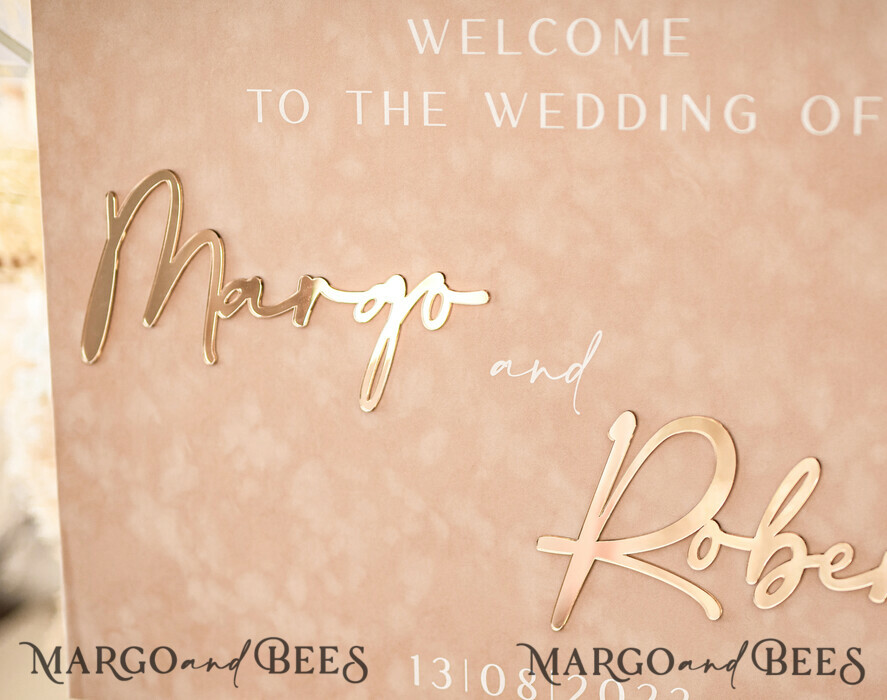 TISCHPLÄNE UND WILLKOMMENSCHILDER FÜR HOCHZEITEN Plexi Gold / Samt Luxus Velours beige Hochzeits Willkommensschild, goldene Hochzeitsdekoration, personalisiertes Hochzeitsschild, Hochzeitsgeschenk, Willkommen Hochzeitsboard BpPXSet
