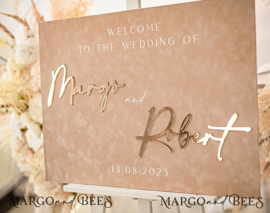 TISCHPLÄNE UND WILLKOMMENSCHILDER FÜR HOCHZEITEN Plexi Gold / Samt Luxus Velours beige Hochzeits Willkommensschild, goldene Hochzeitsdekoration, personalisiertes Hochzeitsschild, Hochzeitsgeschenk, Willkommen Hochzeitsboard BpPXSet