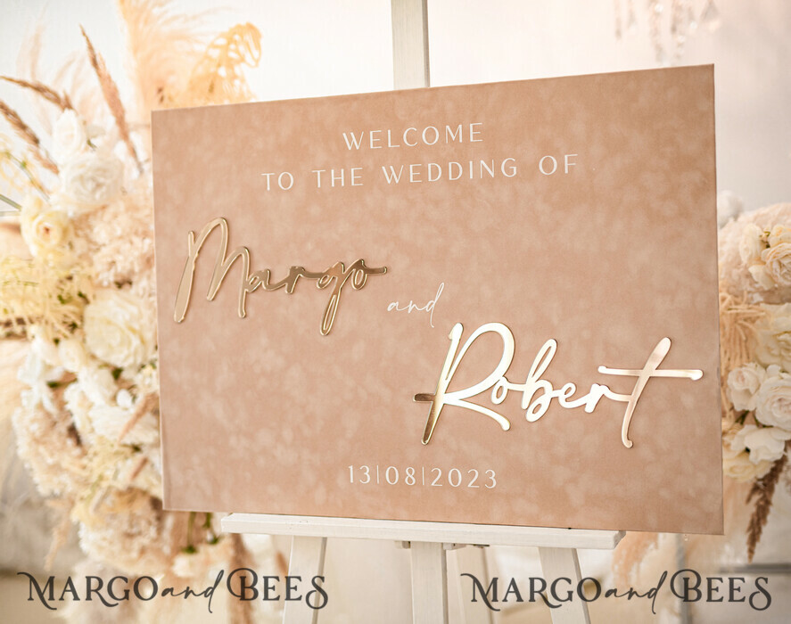 TISCHPLÄNE UND WILLKOMMENSCHILDER FÜR HOCHZEITEN Plexi Gold / Samt Luxus Velours beige Hochzeits Willkommensschild, goldene Hochzeitsdekoration, personalisiertes Hochzeitsschild, Hochzeitsgeschenk, Willkommen Hochzeitsboard BpPXSet