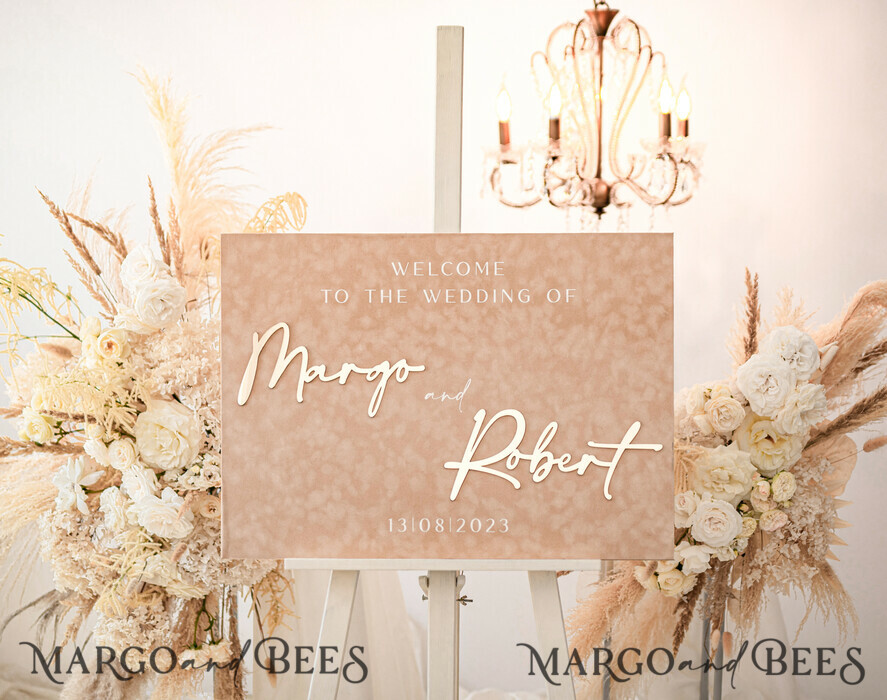 TISCHPLÄNE UND WILLKOMMENSCHILDER FÜR HOCHZEITEN Plexi Gold / Samt Luxus Velours beige Hochzeits Willkommensschild, goldene Hochzeitsdekoration, personalisiertes Hochzeitsschild, Hochzeitsgeschenk, Willkommen Hochzeitsboard BpPXSet