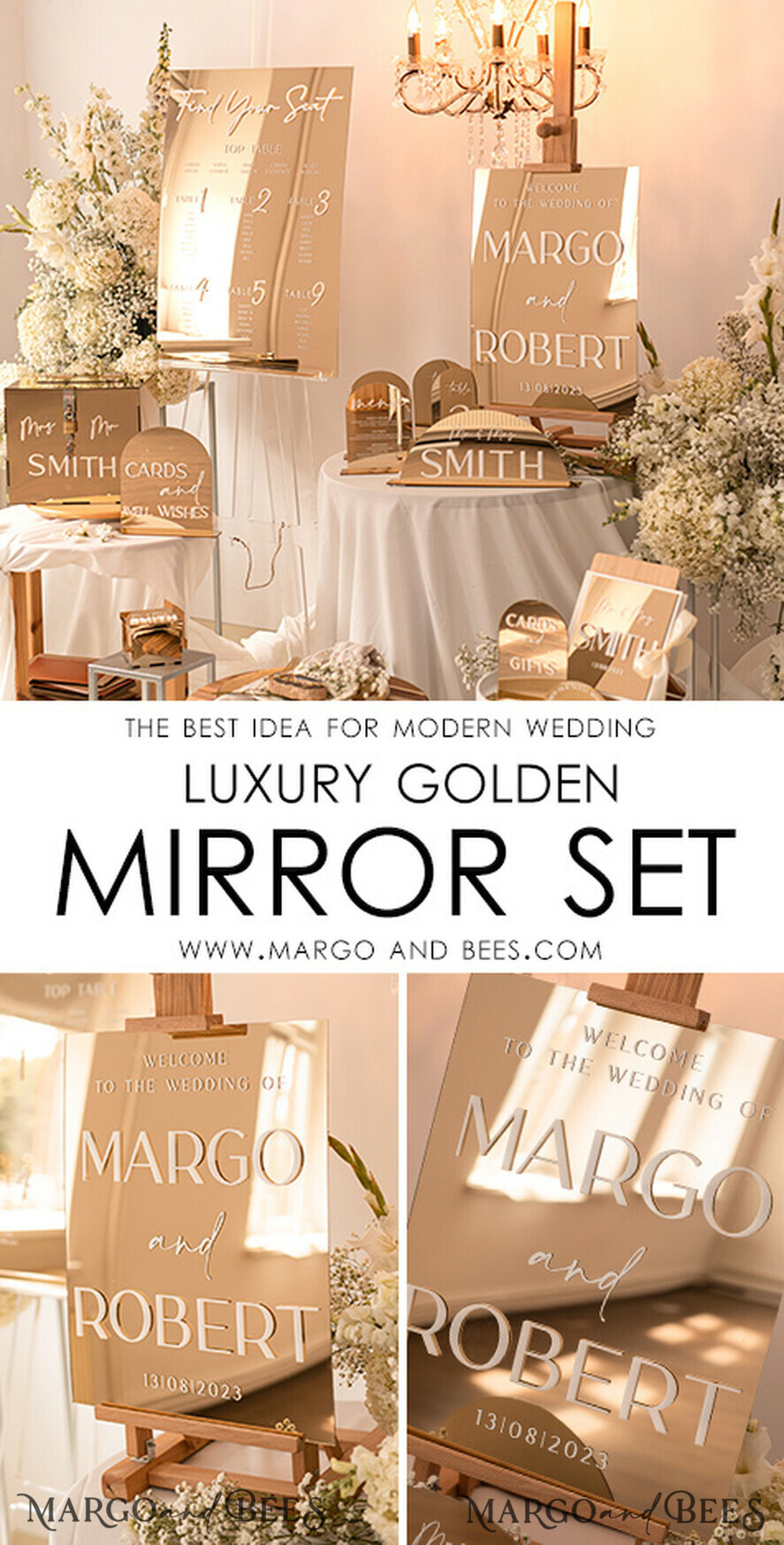 TISCHPLÄNE UND WILLKOMMENSCHILDER FÜR HOCHZEITEN Plexi Gold / Samt Luxuriöser goldener Spiegel Hochzeitswillkommensschild, goldene Hochzeitsdekoration, personalisiertes Hochzeitsschild, Hochzeitsgeschenk, Willkommenshochzeitsboard BpPXSet