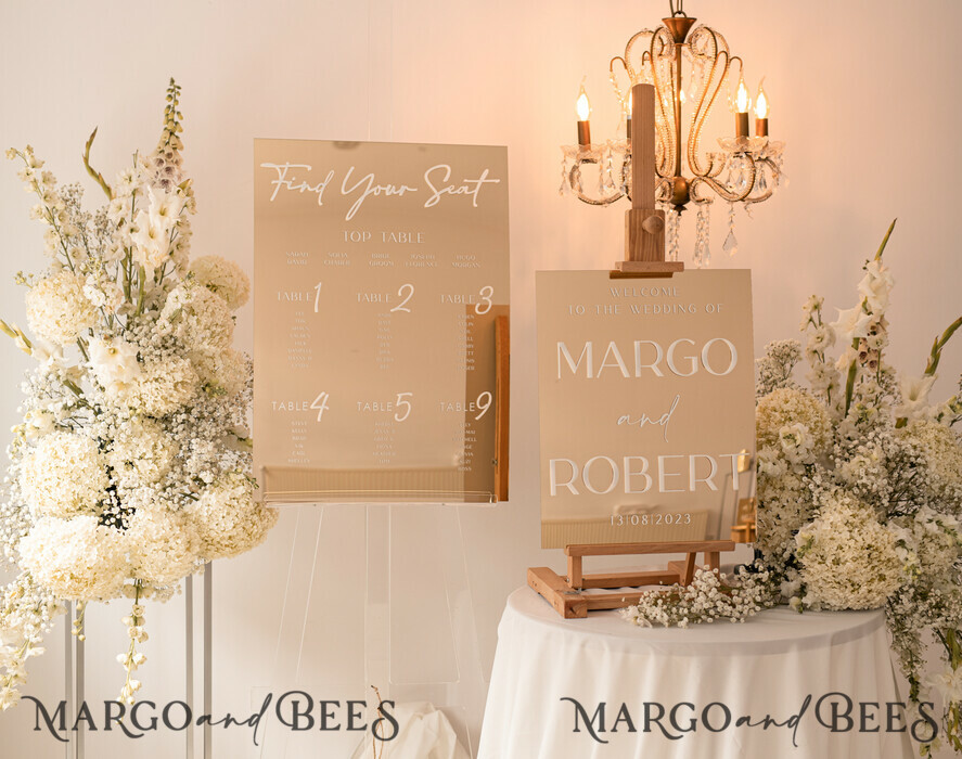 TISCHPLÄNE UND WILLKOMMENSCHILDER FÜR HOCHZEITEN Plexi Gold / Samt Luxuriöser goldener Spiegel Hochzeitswillkommensschild, goldene Hochzeitsdekoration, personalisiertes Hochzeitsschild, Hochzeitsgeschenk, Willkommenshochzeitsboard BpPXSet