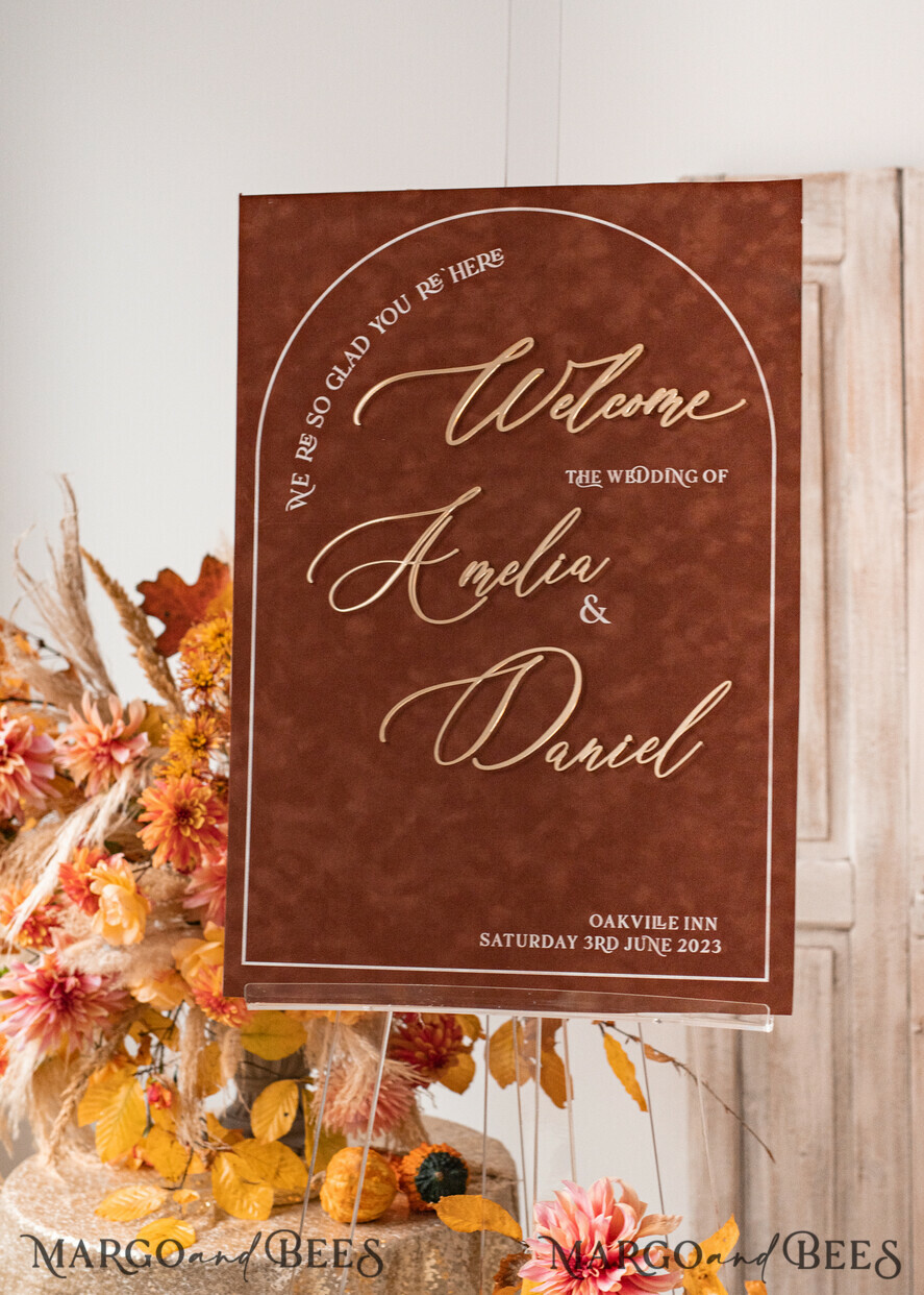 TISCHPLÄNE UND WILLKOMMENSCHILDER FÜR HOCHZEITEN Plexi Gold / Samt Herbsthochzeit Willkommensschild, luxuriöses Samtrosthochzeit Willkommensschild, goldene Hochzeitsdekoration, personalisiertes Rosthochzeitsschild, Hochzeitsempfangset, Herbst Willkommenshochzeitsboard