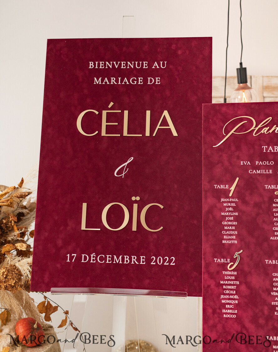 TISCHPLÄNE UND WILLKOMMENSCHILDER FÜR HOCHZEITEN Plexi Gold / Samt Burgunder Hochzeits Willkommensschild, Luxus Samt Weinrot Hochzeits Willkommensschild, Goldene Hochzeitsdekoration, Personalisierte Boho Hochzeitsbeschilderung, Hochzeitsempfangsset, Indisches Willkommens Hochzeitsbrett
