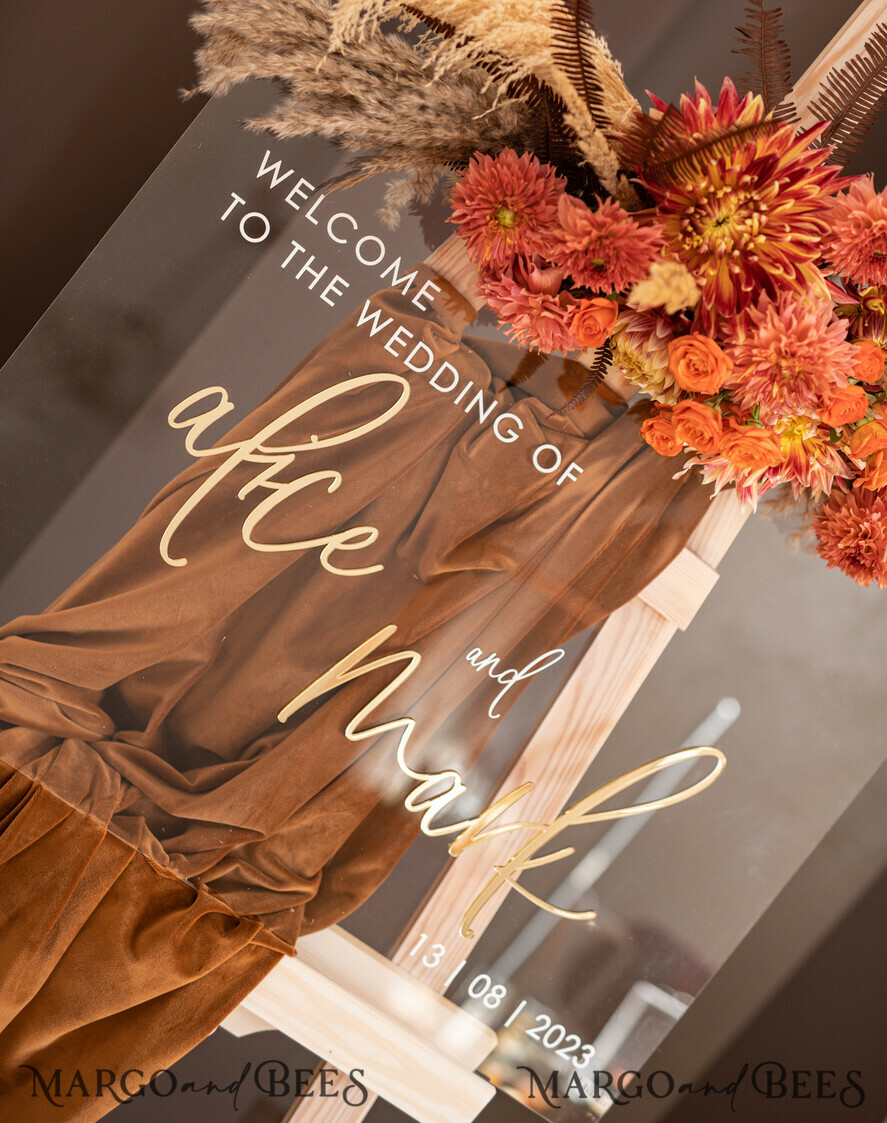 TISCHPLÄNE UND WILLKOMMENSCHILDER FÜR HOCHZEITEN Plexi Gold / Samt Luxuriöses klares und goldenes Hochzeitswillkommensschild, goldene Hochzeitsdekoration, personalisiertes Hochzeitsschild, Hochzeitsboard, Willkommenshochzeitsboard