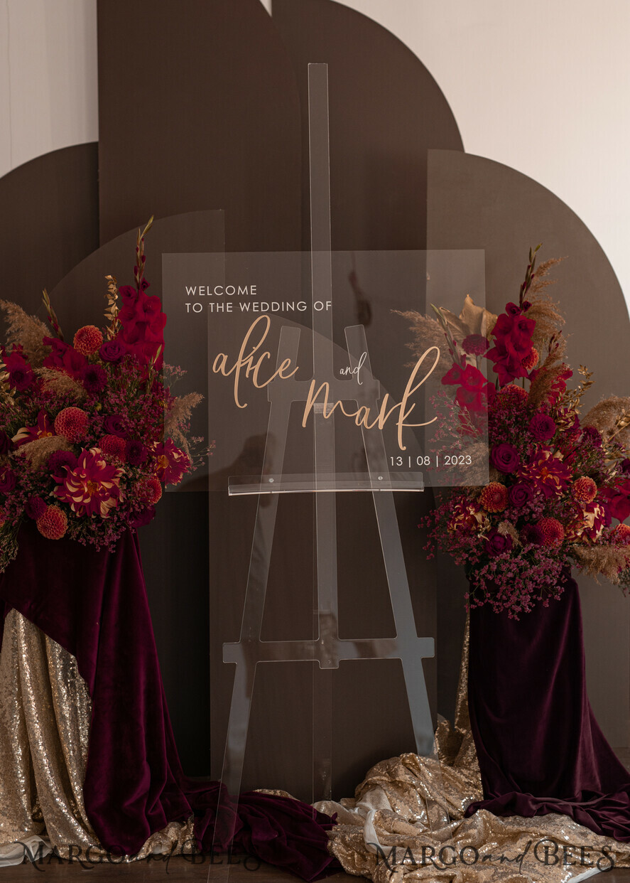 TISCHPLÄNE UND WILLKOMMENSCHILDER FÜR HOCHZEITEN Plexi Gold / Samt Luxuriöses klares und goldenes Hochzeitswillkommensschild, goldene Hochzeitsdekoration, personalisiertes Hochzeitsschild, Hochzeitsbrett, Willkommenshochzeitsbrett