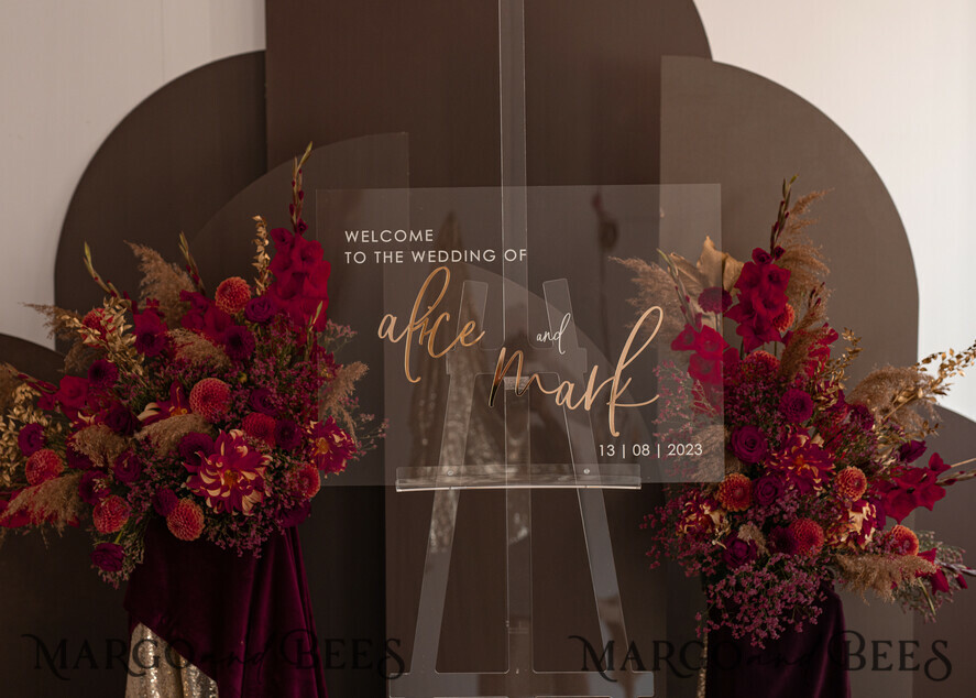 TISCHPLÄNE UND WILLKOMMENSCHILDER FÜR HOCHZEITEN Plexi Gold / Samt Luxuriöses klares und goldenes Hochzeitswillkommensschild, goldene Hochzeitsdekoration, personalisiertes Hochzeitsschild, Hochzeitsbrett, Willkommenshochzeitsbrett