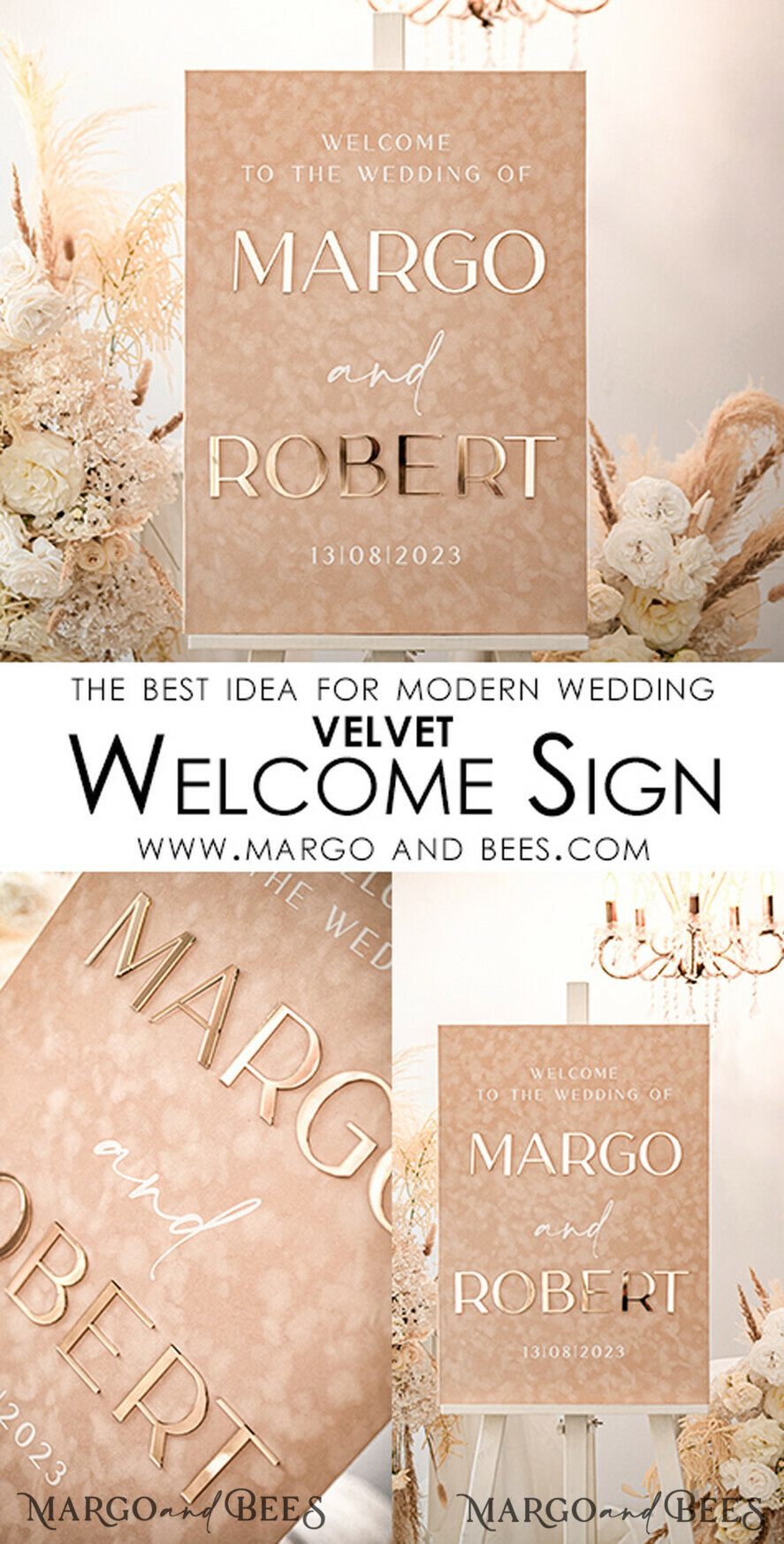 TISCHPLÄNE UND WILLKOMMENSCHILDER FÜR HOCHZEITEN Plexi Gold / Samt Luxuriöses samtbeiges Hochzeitswillkommensschild, goldene Hochzeitsdekoration, personalisiertes Hochzeitsschild, Hochzeitsgeschenk, Willkommen Hochzeitstafel BpPXSet
