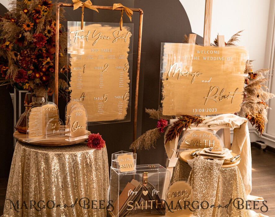 TISCHPLÄNE UND WILLKOMMENSCHILDER FÜR HOCHZEITEN Plexi Gold / Samt Luxus Klar und Gold Hochzeit Willkommensschild, Goldene Hochzeitsdekoration, Personalisierte Hochzeitsanzeige, Hochzeitsboard, Willkommen Hochzeitsboard