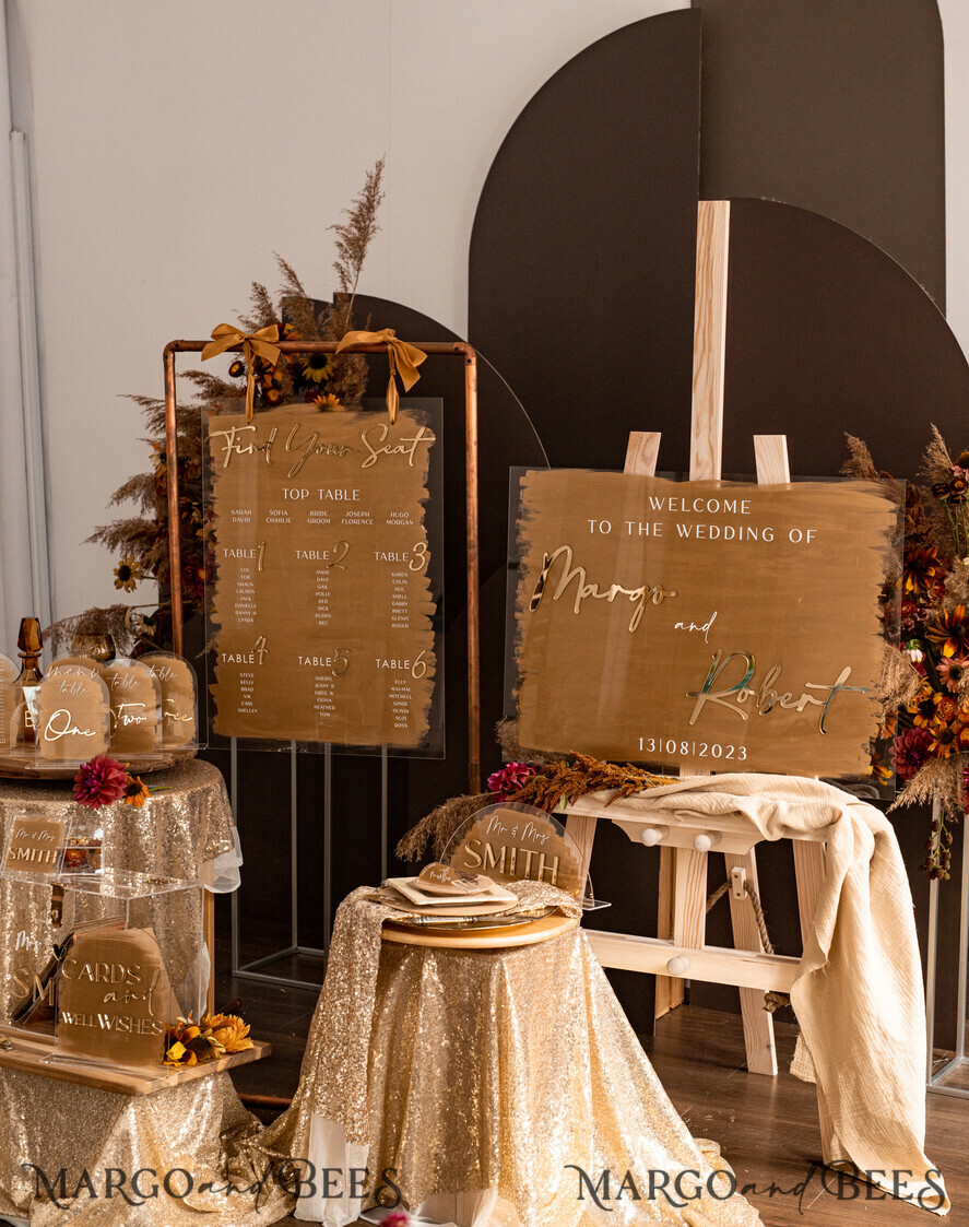 TISCHPLÄNE UND WILLKOMMENSCHILDER FÜR HOCHZEITEN Plexi Gold / Samt Luxuriöses klares und goldenes Hochzeitswillkommensschild, goldene Hochzeitsdekoration, personalisiertes Hochzeitsschild, Hochzeitsboard, Willkommenshochzeitsboard
