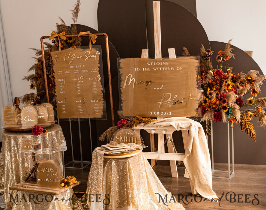 TISCHPLÄNE UND WILLKOMMENSCHILDER FÜR HOCHZEITEN Plexi Gold / Samt Luxuriöses klares und goldenes Hochzeitswillkommensschild, goldene Hochzeitsdekoration, personalisiertes Hochzeitsschild, Hochzeitsboard, Willkommenshochzeitsboard