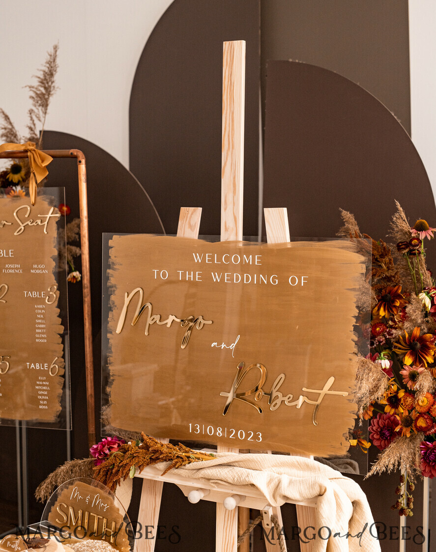 TISCHPLÄNE UND WILLKOMMENSCHILDER FÜR HOCHZEITEN Plexi Gold / Samt Luxuriöses klares und goldenes Hochzeitswillkommensschild, goldene Hochzeitsdekoration, personalisiertes Hochzeitsschild, Hochzeitsboard, Willkommenshochzeitsboard