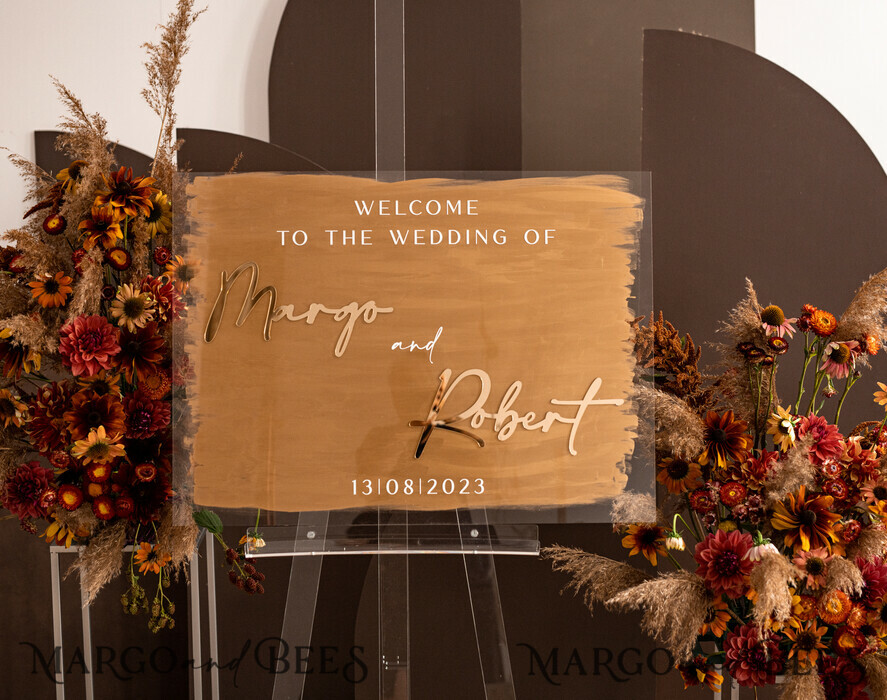TISCHPLÄNE UND WILLKOMMENSCHILDER FÜR HOCHZEITEN Plexi Gold / Samt Luxuriöses klares und goldenes Hochzeitswillkommensschild, goldene Hochzeitsdekoration, personalisiertes Hochzeitsschild, Hochzeitsboard, Willkommenshochzeitsboard