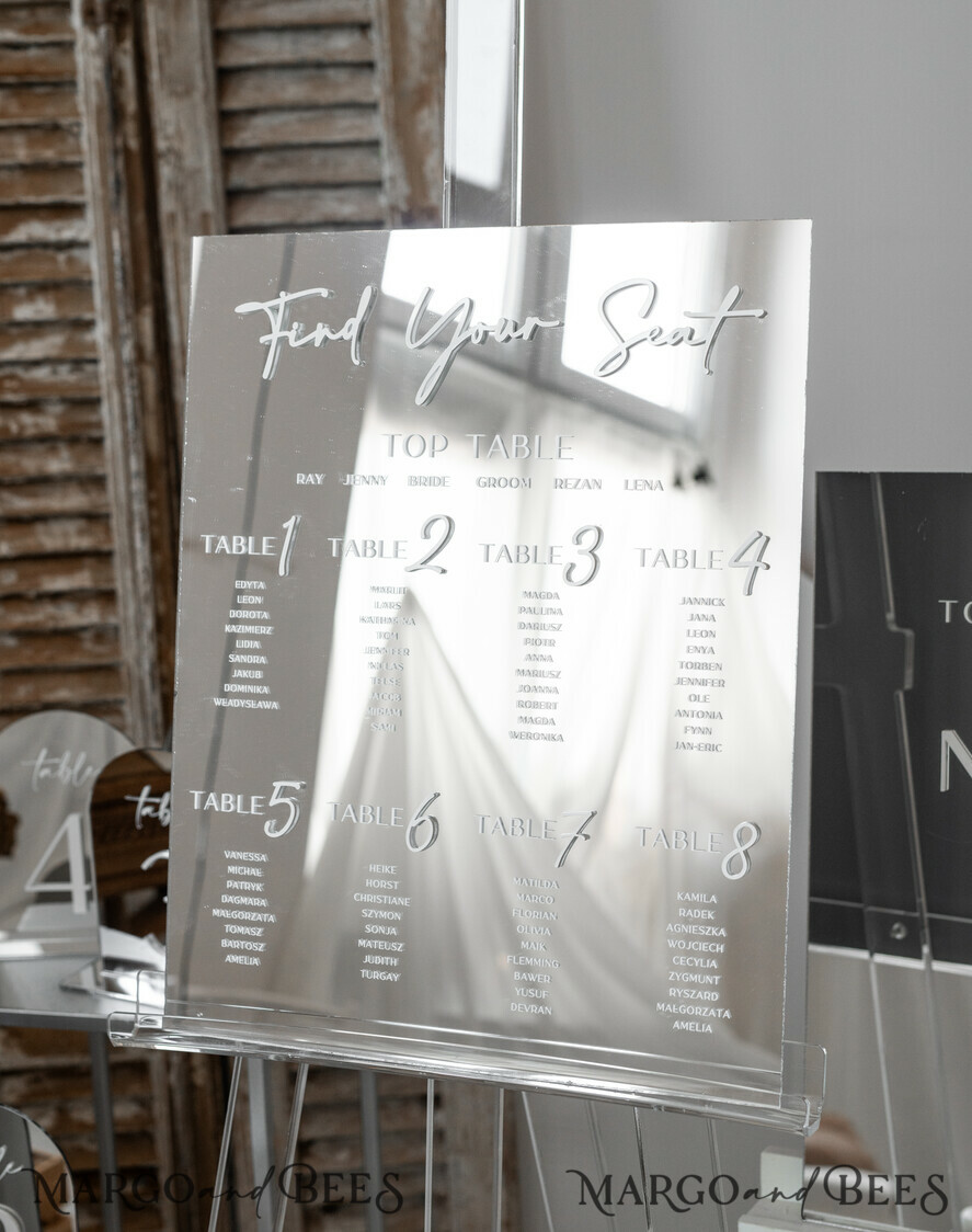 TISCHPLÄNE UND WILLKOMMENSCHILDER FÜR HOCHZEITEN Plexi Gold / Samt Silberner Spiegel Sitzplan-Schild, 3D Elegantes Finde Deinen Platz - Sitzplan, Luxuriöser Hochzeittischplan, Spiegel Hochzeitsdekoration - Goldenes Empfangsschild - Individuelles Zeremonieschild