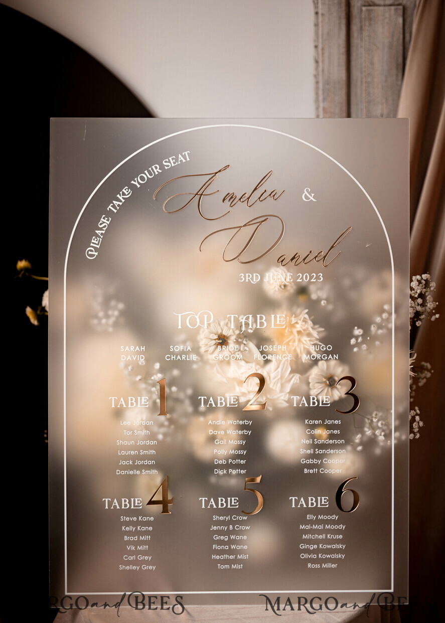 TISCHPLÄNE UND WILLKOMMENSCHILDER FÜR HOCHZEITEN Plexi Gold / Samt Elegantes gefrorenes Hochzeitsset Acryl Finde deinen Platz, personalisierter Hochzeitsbeiger Tischplan, gefrorenes Tan transparent und gold modernes gefrorenes transparentes Sitzdiagramm, 3D elegantes Finde deinen Platz - Sitzplan.