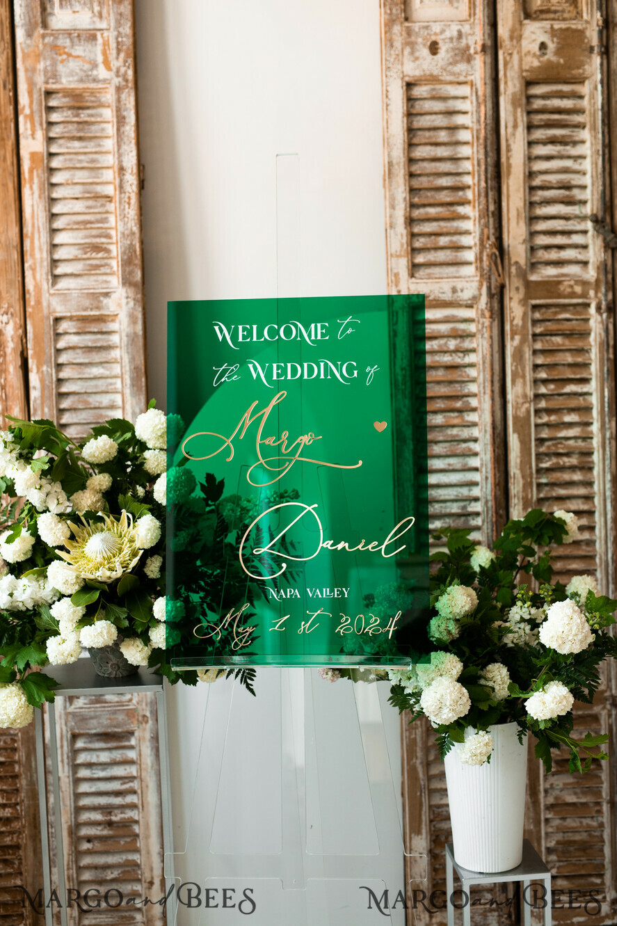 TISCHPLÄNE UND WILLKOMMENSCHILDER FÜR HOCHZEITEN Plexi Gold / Samt Luxus Grünes und Goldenes Hochzeits Willkommen-Schild, Smaragdgrünes Acryl Hochzeitsdekor, Personalisierte Hochzeitsschilder, Hochzeitsboard, Willkommen Hochzeitsboard
