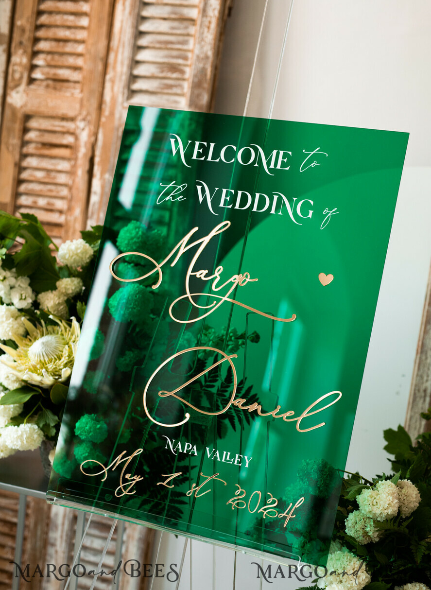 TISCHPLÄNE UND WILLKOMMENSCHILDER FÜR HOCHZEITEN Plexi Gold / Samt Luxus Grünes und Goldenes Hochzeits Willkommen-Schild, Smaragdgrünes Acryl Hochzeitsdekor, Personalisierte Hochzeitsschilder, Hochzeitsboard, Willkommen Hochzeitsboard