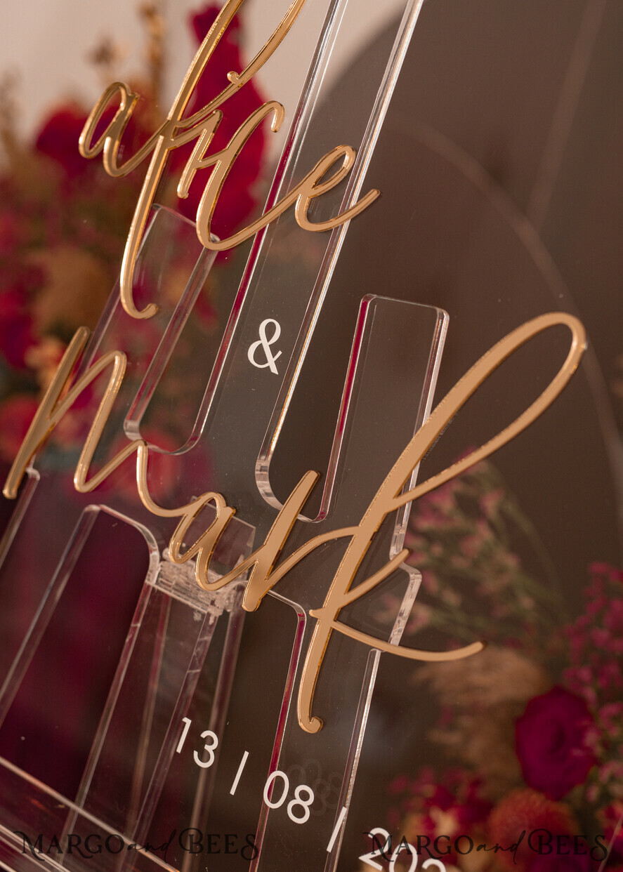 TISCHPLÄNE UND WILLKOMMENSCHILDER FÜR HOCHZEITEN Plexi Gold / Samt Luxuriöses klares und goldenes Hochzeits-Willkommensschild, goldene Hochzeitsdekoration, personalisiertes Hochzeits-Schild, Hochzeitsboard, Willkommens-Hochzeitsboard