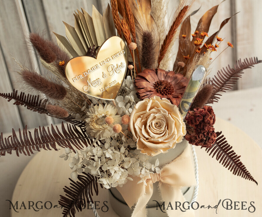 FRISCH VERHEIRATETES PAAR GESCHENKE Geldgeschenk zur Hochzeit Geschenkschachtel für Geld Geldgeschenk zur Hochzeit mit Strauß aus Trockenblumen personalisiert
