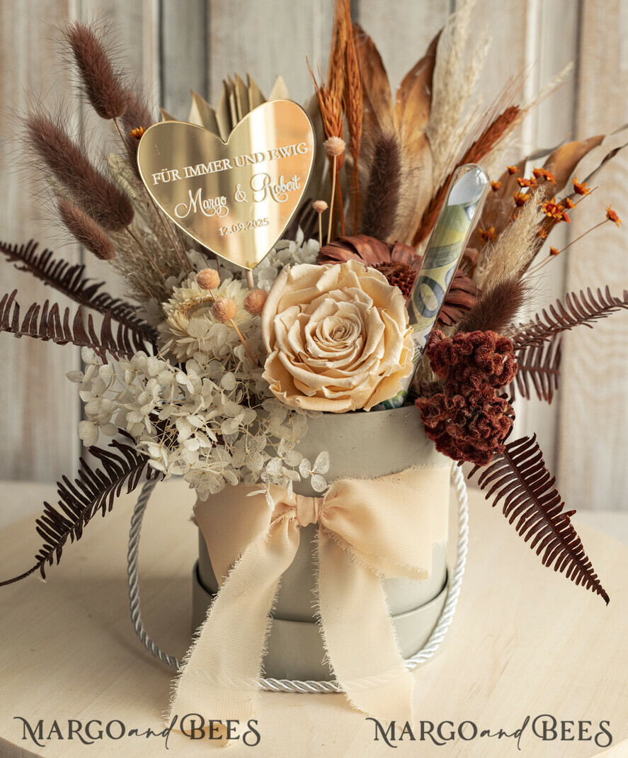 FRISCH VERHEIRATETES PAAR GESCHENKE Geldgeschenk zur Hochzeit Geschenkschachtel für Geld Geldgeschenk zur Hochzeit mit Strauß aus Trockenblumen personalisiert