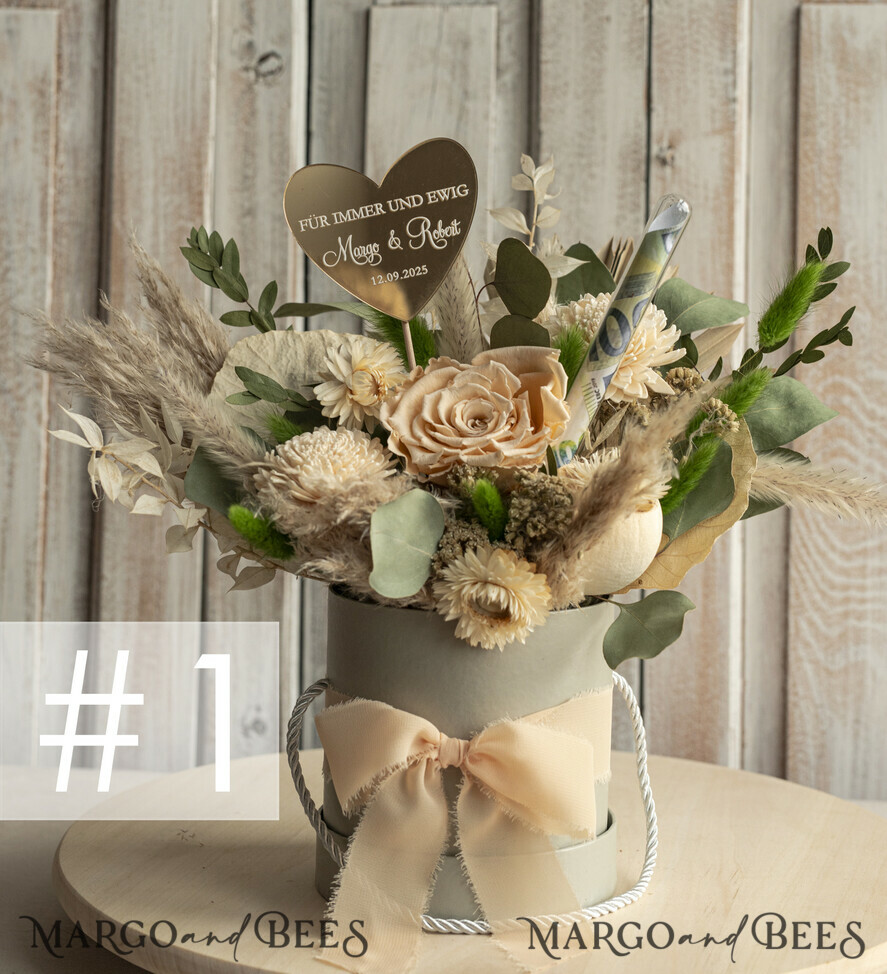 FRISCH VERHEIRATETES PAAR GESCHENKE Geldgeschenk zur Hochzeit Geschenkschachtel für Geld Geldgeschenk zur Hochzeit mit Strauß aus Trockenblumen personalisiert