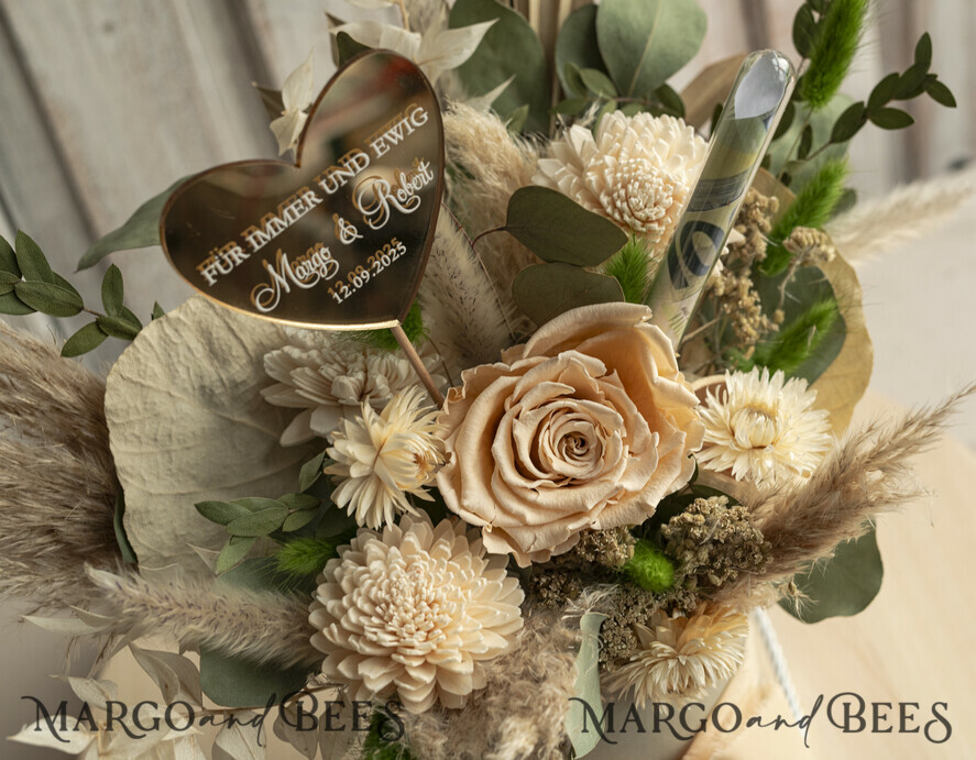 FRISCH VERHEIRATETES PAAR GESCHENKE Geldgeschenk zur Hochzeit Geschenkschachtel für Geld Geldgeschenk zur Hochzeit mit Strauß aus Trockenblumen personalisiert