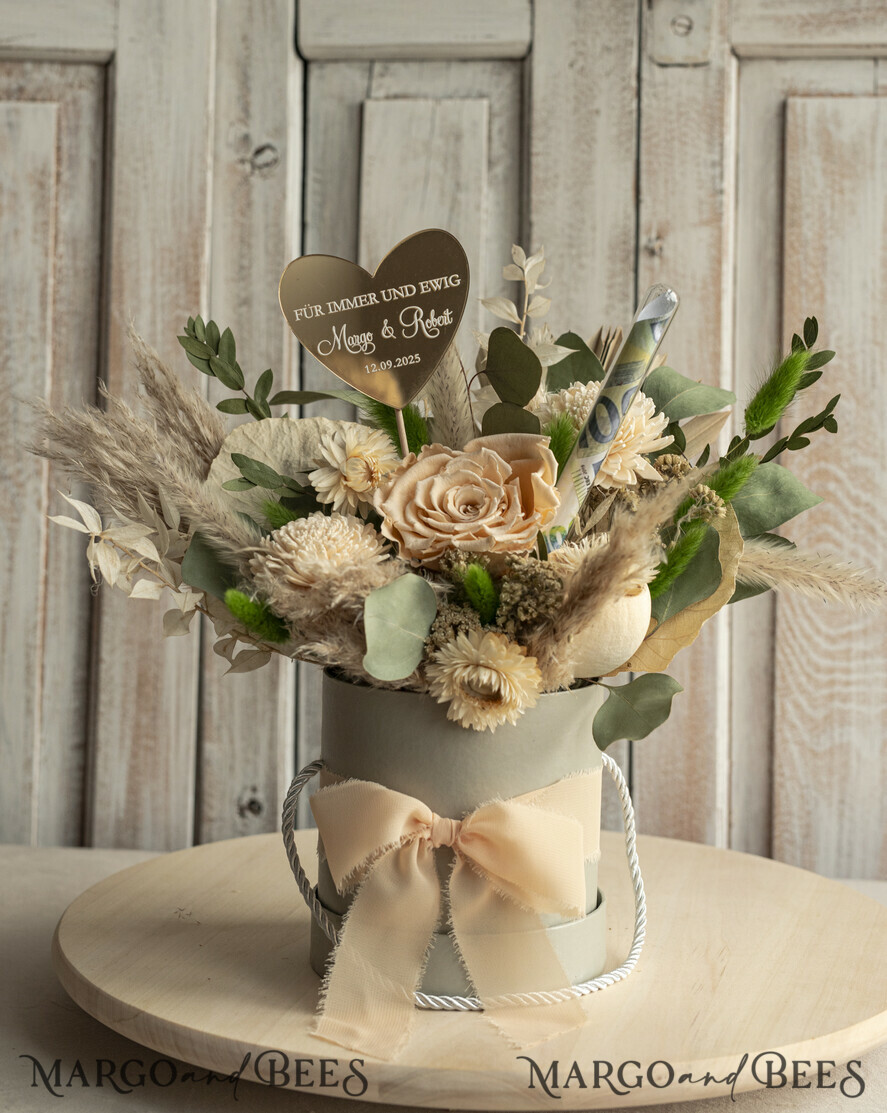 FRISCH VERHEIRATETES PAAR GESCHENKE Geldgeschenk zur Hochzeit Geschenkschachtel für Geld Geldgeschenk zur Hochzeit mit Strauß aus Trockenblumen personalisiert