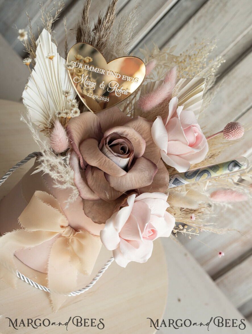 FRISCH VERHEIRATETES PAAR GESCHENKE Geldgeschenk zur Hochzeit Geschenkschachtel für Geld Geldgeschenk zur Hochzeit mit Strauß aus Trockenblumen personalisiert