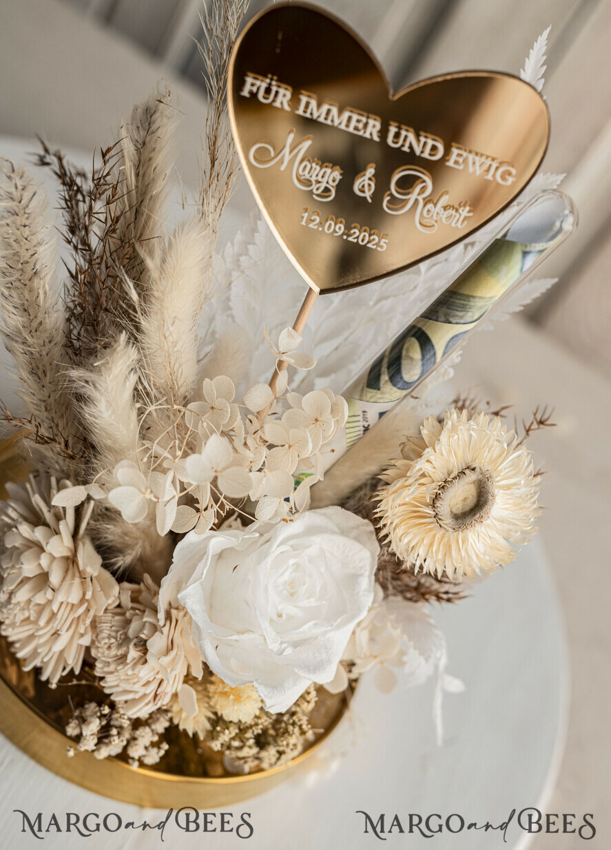 FRISCH VERHEIRATETES PAAR GESCHENKE Geldgeschenk zur Hochzeit Geschenkschachtel für Geld Geschenke zur Hochzeit mit Strauß aus Trockenblumen personalisiert.