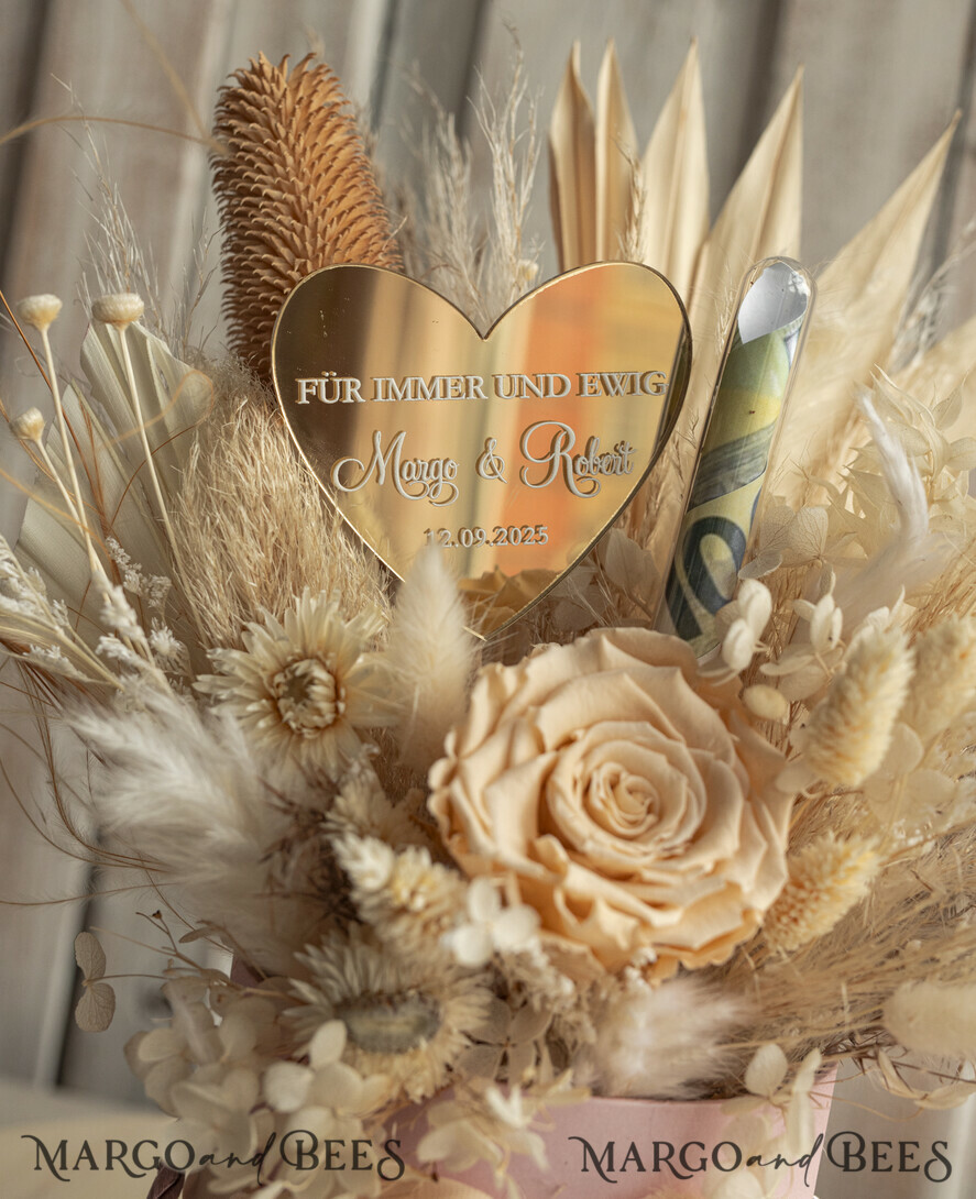 FRISCH VERHEIRATETES PAAR GESCHENKE Geldgeschenk zur Hochzeit Geschenkschachtel für Geld Geldgeschenk zur Hochzeit mit Strauß aus Trockenblumen personalisiert
